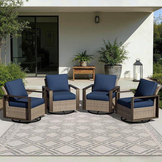 Joyside Outdoor Patio Swivel Rocker Chairs Set, 4 Pieces Wicker Rattan Chairs with Metal Wide Armrest, Thick Cushions and Deep Seating for Garden, Backyard, Porch, Deck
