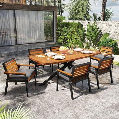 Quarte Stylish 7-Piece Acacia Wood and Iron Dining Set with Removable Cushions – Perfect for Indoor and Outdoor Family Gatherings (Gray/m+w)