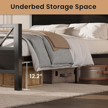LIKIMIO King Bed Frame, Tall Industrial Headboard 51.2 ", Platform Bed Frame with Strong Metal Support, Solid and Stable, Noise Free, No Box Spring Needed, Easy Assembly, Black