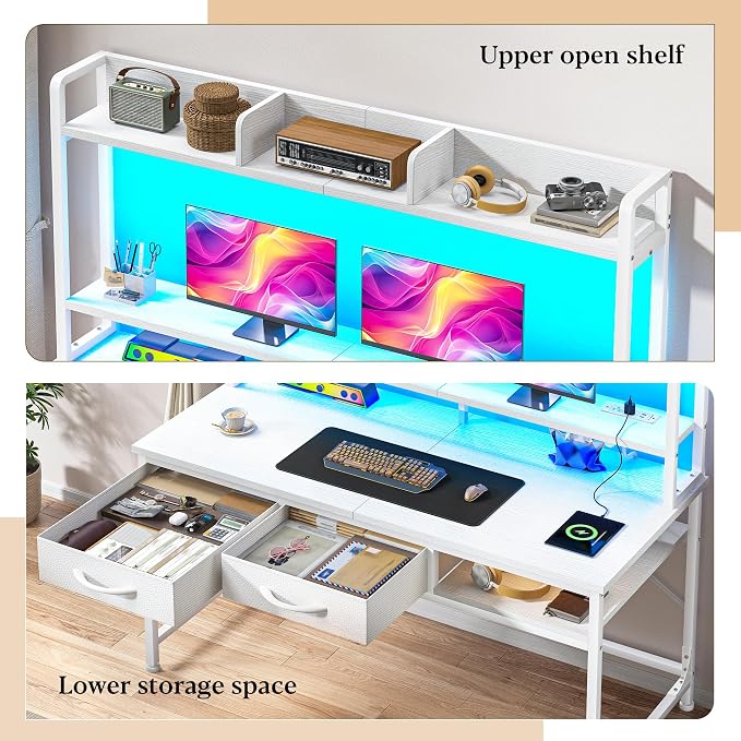 DurayLoly 39.4" Computer Desk with Monitor Stand, LED Lights & Power Outlet, Gaming Desk with Drawers, 4-Tier Storage Shelves for Home Office & Bedroom Small Space Office Desk, White