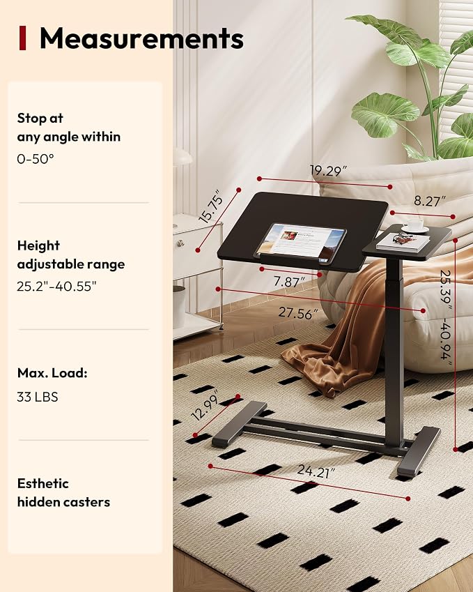 SANODESK Small Rolling Overbed Table Adjustable Height with Wheels, Mobile Laptop Desk with Tilting Desktop, Portable Computer Workstation for Home Office, Classroom, Bedside, Black