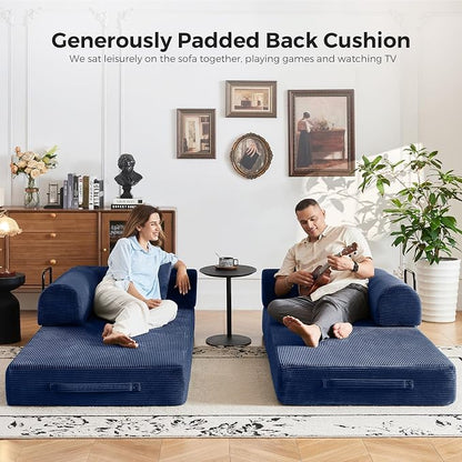 79" 5-in-1 Convertible Sofa Bed No Assembly, Boneless Couch Bed with High Density Foam, Foldable Sleeper Sofa, Corduroy Modular Couch for Apartment, Studio, Dorm Room, Small Space, Navy Blue
