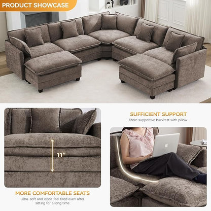 113'' V Shaped Cloud Sectional Sofa, Oversized Deep Seat Couches for Living Room, Chenille Comfy Upholstered Modular Sectional Sofa Couch with 2 Movable Ottoman, Brown