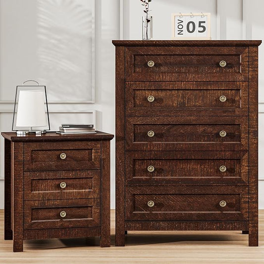 Farmhouse Dresser Nightstand Sets, 2-Piece Bedroom Furniture Set for Home | 5 Drawer Dresser Closet & 3 Drawer Nightstand, Chest of Drawers for Bedroom, Living Room, Entryway, Dark Brown
