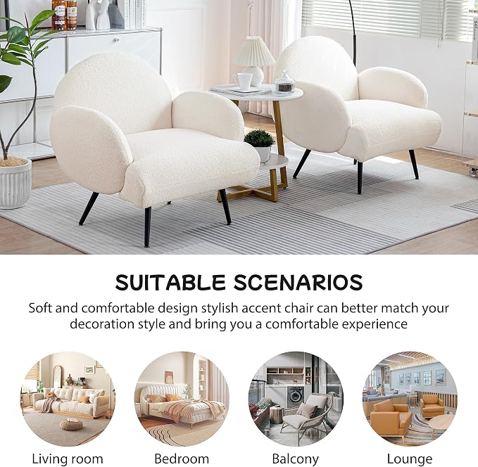 Accent Chair White with Black Metal Legs,Reading Chair for Bedroom Comfy, Boucle Sherpa Chair for Living Room, Bedroom