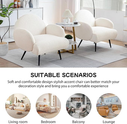 Accent Chair White with Black Metal Legs,Reading Chair for Bedroom Comfy, Boucle Sherpa Chair for Living Room, Bedroom