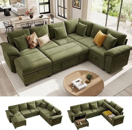 Ihanherry 108" Modular Sectional Sofa with Pull Out Bed, 7-Seater L Shaped Sectional Sleeper Couch with Storage, Chenille Convertible Couches for Living Room, Apartment (Green)
