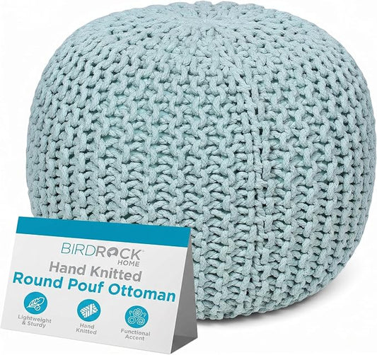 BIRDROCK HOME Round Pouf Ottoman Foot Rest - 18.5”x18.5”x15” Boho Compact Comfortable Soft Cotton Braided Foot Stool with Bean Bag Filling for Living Room, Bedroom, or Nursery (Sage Green)