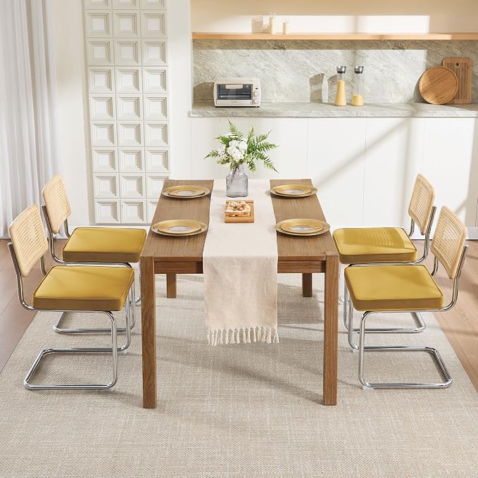 Zesthouse Natural Rattan Dining Chairs Set of 2, Modern Dining Room Chairs with Solid Wood Back for Kitchen Living Room, Mid Century Breuer Design Inspired, Upholstered Velvet Fabric, Yellow
