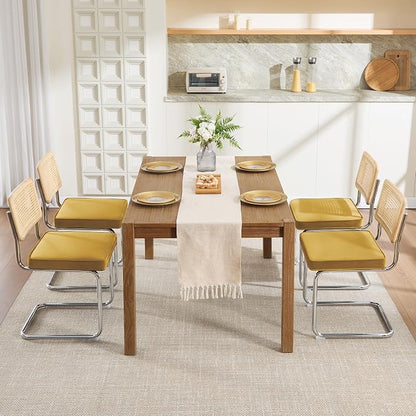 Zesthouse Natural Rattan Dining Chairs Set of 2, Modern Dining Room Chairs with Solid Wood Back for Kitchen Living Room, Mid Century Breuer Design Inspired, Upholstered Velvet Fabric, Yellow