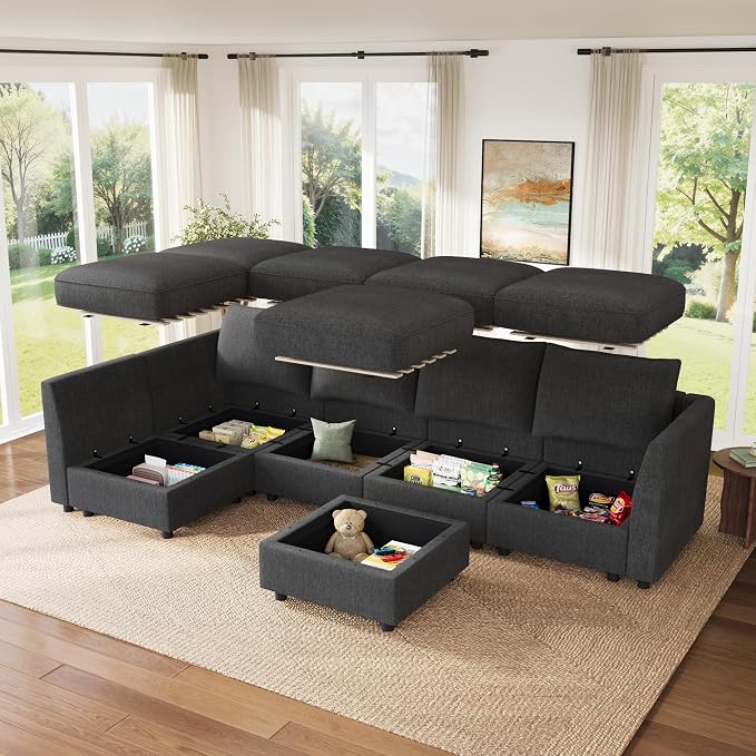 HONBAY Modular Sectional Sofa L Shaped Sectional Couch with Storage, Convertible Couches for Living Room - Snowflake Velvet Grey
