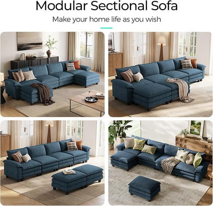 LINSY HOME 157'' Modular Sectional Sofa 4 Seat Couch Corduroy Cloud Couch with Deep Seat, Modern U-Shaped Cloud Couch with 2 Movable Ottoman for Living Room, Office, Bedroom, Blue
