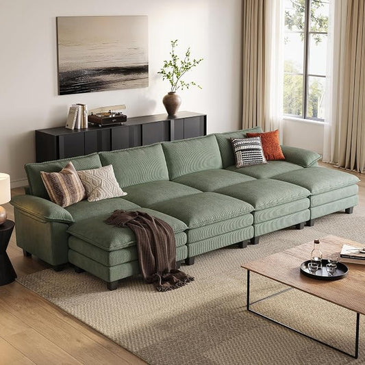 LINSY HOME 157'' Modular Sectional Sofa 4 Seat Couch Corduroy Cloud Couch with Deep Seat, Modern Cloud Couch with 4 Movable Ottoman for Living Room, Office, Bedroom, Green