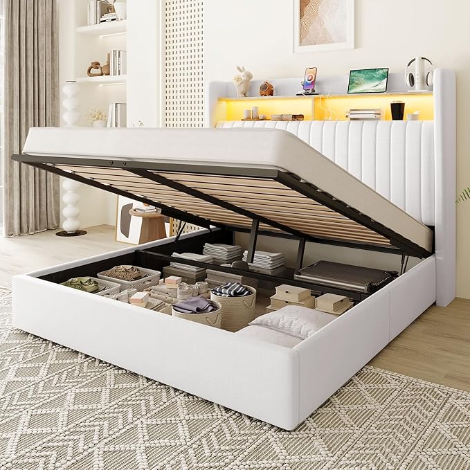 Allewie Full Size Lift Up Hydraulic Storage Bed Frame, 2-Tier Shelf Headboard with LED Lights and Charging Station, USB and Type C Ports, Wingback Velvet Headboard, No Box Spring Needed, White