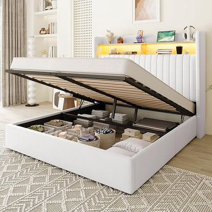 Allewie Full Size Lift Up Hydraulic Storage Bed Frame, 2-Tier Shelf Headboard with LED Lights and Charging Station, USB and Type C Ports, Wingback Velvet Headboard, No Box Spring Needed, White