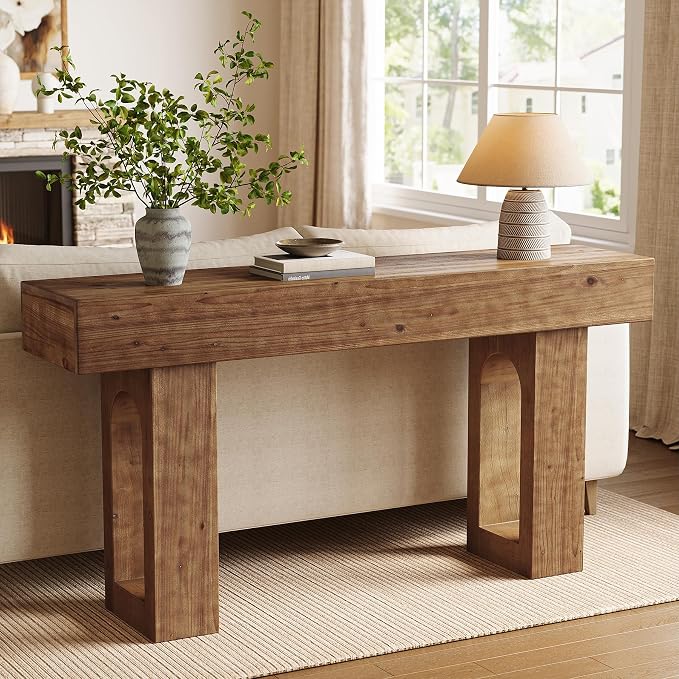 Solid Wood Console Table, 63-Inch Long Farmhouse Entryway Table, Sofa Console Behind Couch, for Foyer, Hallway, Living Room, Dark Brown