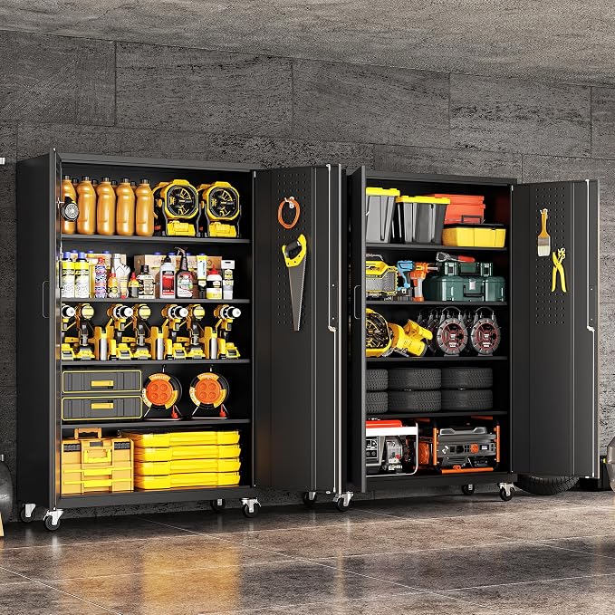 Metal Garage Storage Cabinet with Locking Doors and Adjustable Shelves, Wide & Deep Garage Cabinet on Wheels, 71" Rolling Tool Cabinet for Garage, Basement, Home Office