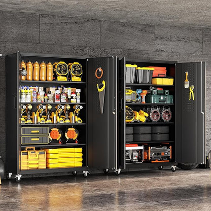 Metal Garage Storage Cabinet with Locking Doors and Adjustable Shelves, Wide & Deep Garage Cabinet on Wheels, 71" Rolling Tool Cabinet for Garage, Basement, Home Office
