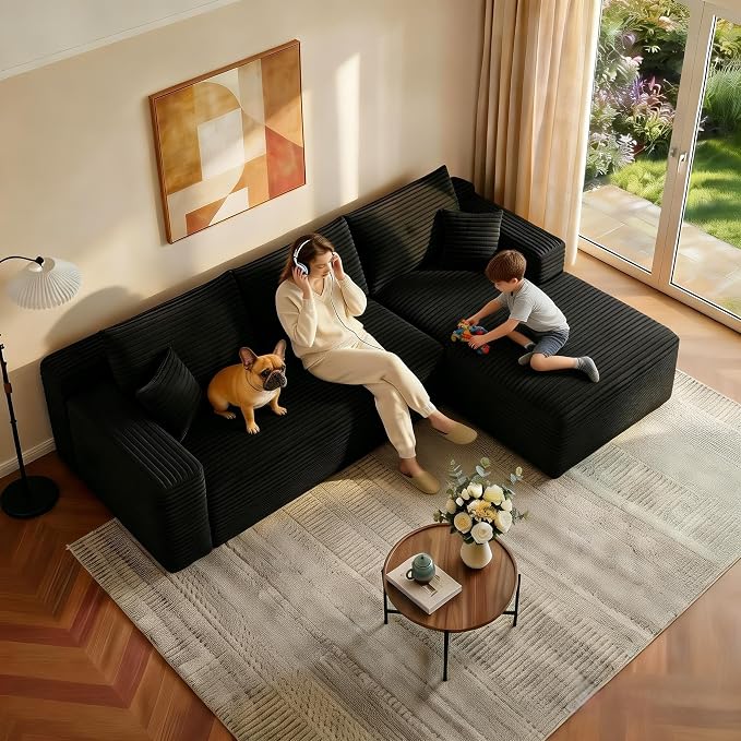 JINGLING 94" L Shape Couch with Right Chaise, Memory Foam Boneless Sectional Sofa in a Box, No Assembly Modular Small Couches for Small Spaces, Living Room, Apartments, Plush Corduroy, Black