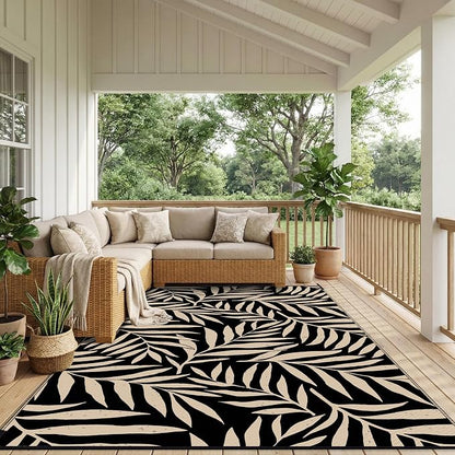 Smiry Outdoor Rug 9x12 ft, Waterproof Reversible Plastic Straw Rugs, Outdoor Area Rug with Leaf Pattern, Outside Floor Mat for Patio, Backyard, Deck, Picnic, Beach, Camping, Black & Beige