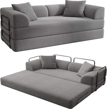 Cloud Boneless Couch Futon Sofa Bed, 5-in-1 Convertible Sofa Bed Pull Out Couch Sleeper Sofa Compressed Loveseat, 70" High-Density Sponge & Corduroy Fabric Futon Daybed for Living Room Bedroom (Gray) | 5-in-1 Convertible