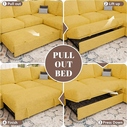 108 Inch Modular Sectional Sofa with Pull Out Bed,U Shaped 7 Seat Sectional Sleeper Sofa with Storage,Sectional Couches for Living Room,Cloud Modular Couch,Removable Sofa Cover,Yellow