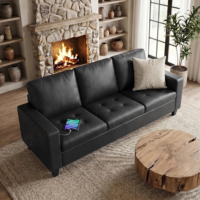 STHOUYN 73” Black Faux Leather Sofa Couch, Modern Comfy Office 3 Seater Couch Loveseat with Tufted Armrest and USB, Small Love Seat Couches for Living Room, Bedroom, Apartment