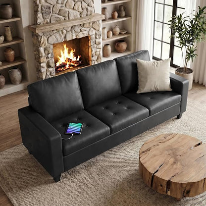 STHOUYN 73” Black Faux Leather Sofa Couch, Modern Comfy Office 3 Seater Couch Loveseat with Tufted Armrest and USB, Small Love Seat Couches for Living Room, Bedroom, Apartment