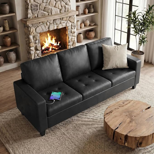 STHOUYN 73” Black Faux Leather Sofa Couch, Modern Comfy Office 3 Seater Couch Loveseat with Tufted Armrest and USB, Small Love Seat Couches for Living Room, Bedroom, Apartment