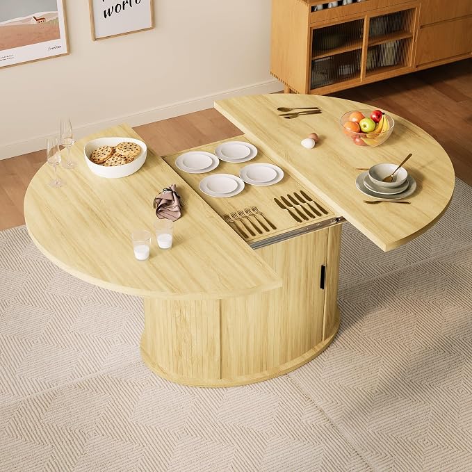 Dining Table for 4-6, 63“Extendable Round Dining Room Kitchen Table with 2-Tier Storage Shelf, Fluted Wood Table with Slide Door, Expandable Wood Oval Dinner Furniture with Pedestal Base (Oak)
