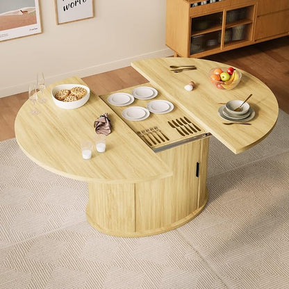 Dining Table for 4-6, 63“Extendable Round Dining Room Kitchen Table with 2-Tier Storage Shelf, Fluted Wood Table with Slide Door, Expandable Wood Oval Dinner Furniture with Pedestal Base (Oak)