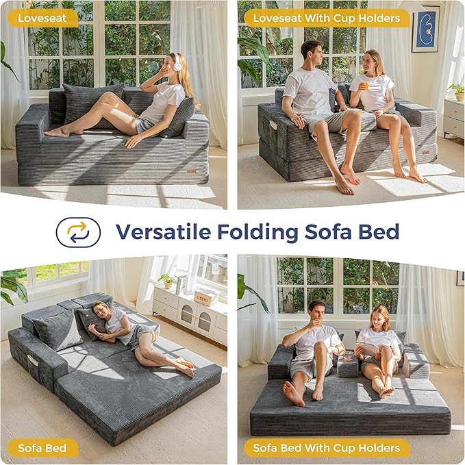 MAXYOYO Loveseat Sofa Bed, 64" Foldable Floor Sofa Couch in A Box with 2 Cup Holders, 4 in 1 Convertible Boneless Couch Folding Recliner Chair for Living Room, Grey