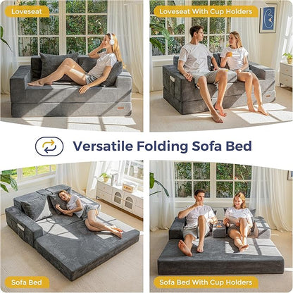 MAXYOYO Loveseat Sofa Bed, 64" Foldable Floor Sofa Couch in A Box with 2 Cup Holders, 4 in 1 Convertible Boneless Couch Folding Recliner Chair for Living Room, Grey