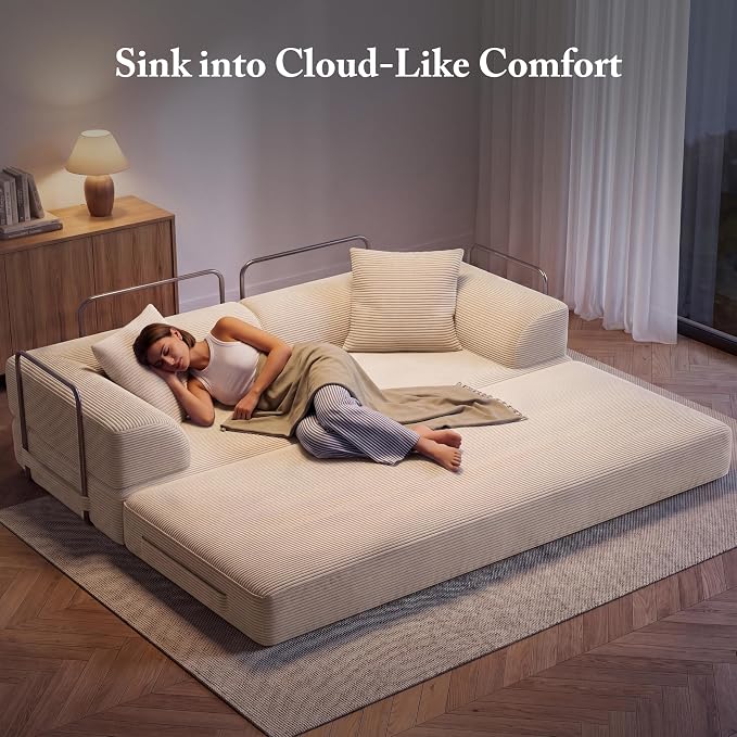 Cloud Boneless Convertible Floor Sofa Bed, 70" 5-in-1 Foldable Compressed Loveseat Lounge Sleeper 2 Seater Couches, High-Density Sponge & Corduroy Fabric Futon Daybed for Living Room Bedroom(Beige)