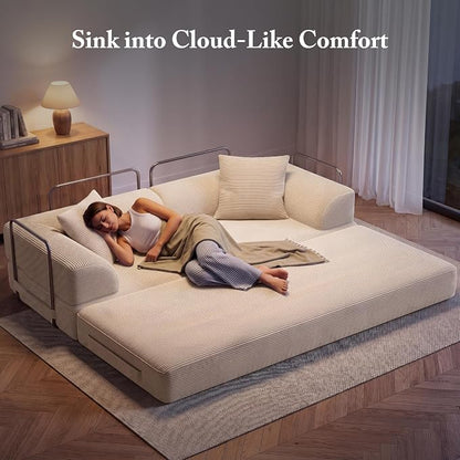 Cloud Boneless Convertible Floor Sofa Bed, 70" 5-in-1 Foldable Compressed Loveseat Lounge Sleeper 2 Seater Couches, High-Density Sponge & Corduroy Fabric Futon Daybed for Living Room Bedroom(Beige)