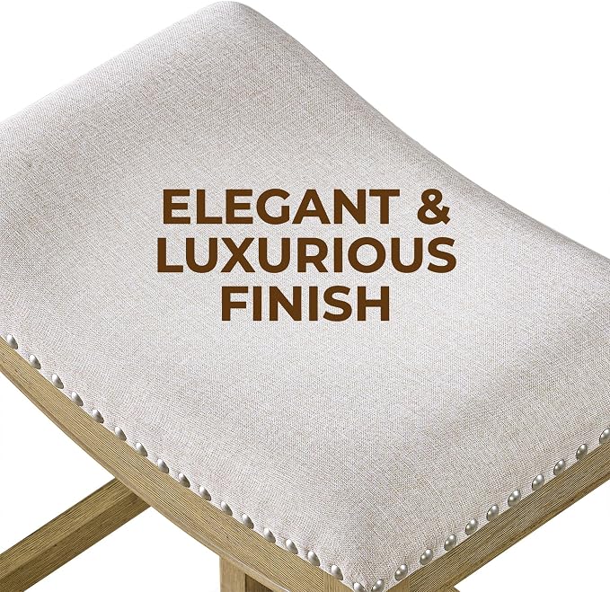ROME + OAK Set of 4 Parker 26" Counter Stool, Backless Saddle Kitchen Barstool in Natural Wood Finish with Wheat Cream Fabric Upholstery Cushion Seat