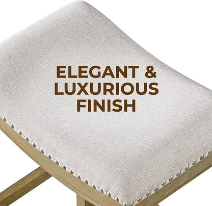ROME + OAK Set of 4 Parker 26" Counter Stool, Backless Saddle Kitchen Barstool in Natural Wood Finish with Wheat Cream Fabric Upholstery Cushion Seat