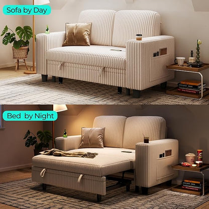 LINSY HOME Sectional Sleeper Sofa Bed, Corduroy Pull Out Couch for Living Room (Beige,Small Couch)|USB Ports, Cup Holder, Side Pocket|2 Seater Convertible Sofa Bed| Apartment Guest Room, Loveseat