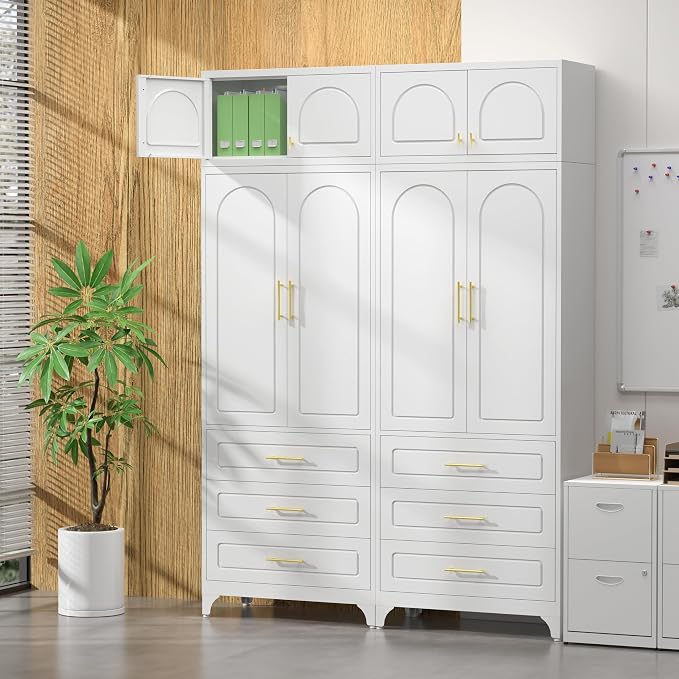 SteeLoong Kitchen Pantry Cabinet，90" Storage Cabinets with Doors and Shelves,Metal Pantry Cabinet with 3 Drawers,White Kitchen Cupboard for Livingroom,Pantry, Bathroom