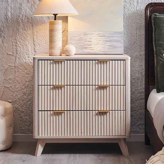 T4TREAM Fluted 3 Drawers Nightstand, Oversized Extra Large Modern Side Table, End Table Bedside for Bedroom, Living Room, Curved Profile Design, White Alder