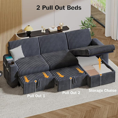 Sunny Heart 101" Plush Corduroy L Shaped Sectional Sleeper Sofa Bed with Pull Out Bed, Reclining Backrest, Reversible Storage Chaise, USB Ports, Cup Holders, Tool Free Assembly, Darke Grey