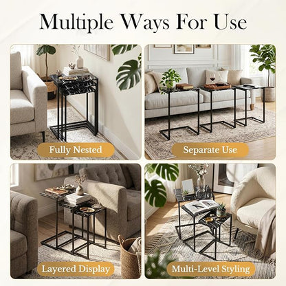 SUPER DEAL Nesting Tables Set of 3, Industrial C Shaped End Table Stackable Coffee Table Heavy Duty Metal Frame for Small Space, Living Room, Bedroom, Side Table Tray for Laptop Snack, Black