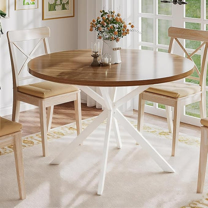 ChooChoo 47.2 Inch Round Dining Table for 4, Farmhouse Wood Kitchen Table, Circle Dinner Table for Kitchen & Dining Room, Walnut&White