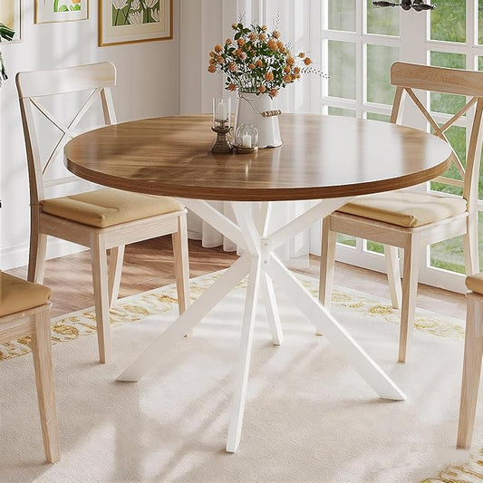 ChooChoo 47.2 Inch Round Dining Table for 4, Farmhouse Wood Kitchen Table, Circle Dinner Table for Kitchen & Dining Room, Walnut&White