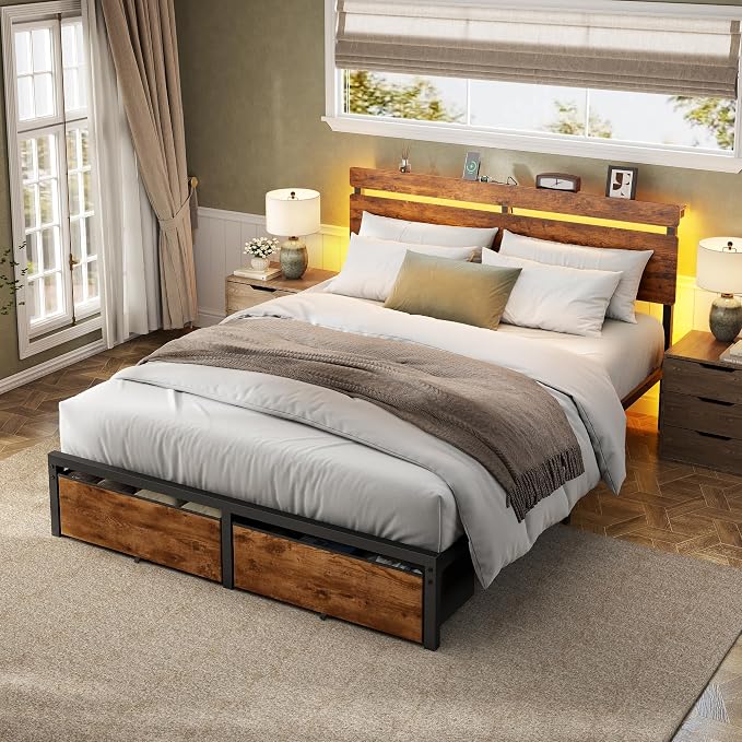 Forestell Queen Bed Frame with Wood Headboard, Metal Platform Bed with 2 Storage Drawers & Shelf, Built-in Charging Station & LED Lights, No Box Spring Needed, Vintage Brown, Cama Queen Size