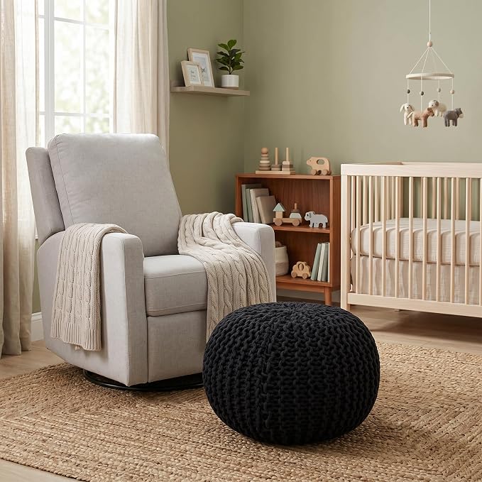 BIRDROCK HOME Round Pouf Ottoman Foot Rest - 18.5”x18.5”x15” Boho Compact Comfortable Soft Cotton Braided Foot Stool with Bean Bag Filling for Living Room, Bedroom, or Nursery (Charcoal Gray)