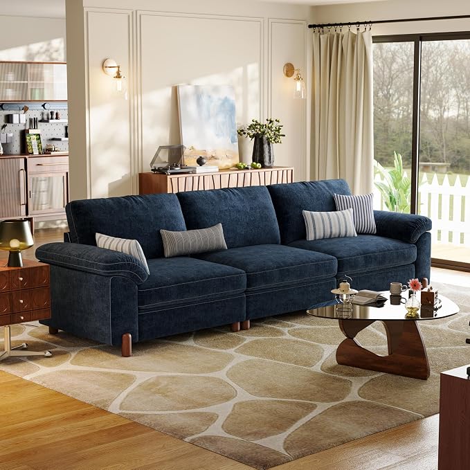 SITJOY Large Cloud Couch, 118" Wide 3 Seater Sofa, Chenille in Navy Blue | Detachable and Washable Chenille Cover Sectional Sofas for Living Room, Deep Seat Wide Couch