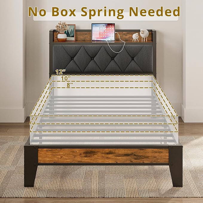 ANCTOR Twin XL Bed Frames, Storage Headboard with Outlets, Easy to Install, Sturdy and Stable, No Noise, No Box Springs Needed - Perfect for a Good Night's Sleep