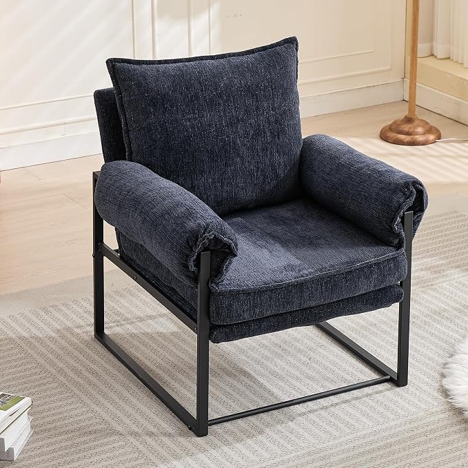 YISHENG Accent Chair with 6-Angle Adjustable Backrest, Fabric Living Room Chair Upholstered Lounge Chair, Modern Chair Cozy Reclining Chair for Reading Room, 1PC Dark Blue