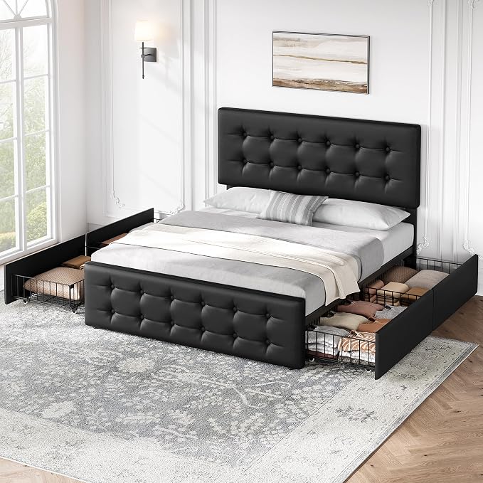 IDEALHOUSE Full Size Bed Frame with 4 Storage Drawers and Headboard, Faux Leather Upholstered Platform Bed Frame with Wooden Slats Support, Button Tufted Design, No Box Spring Needed, Black